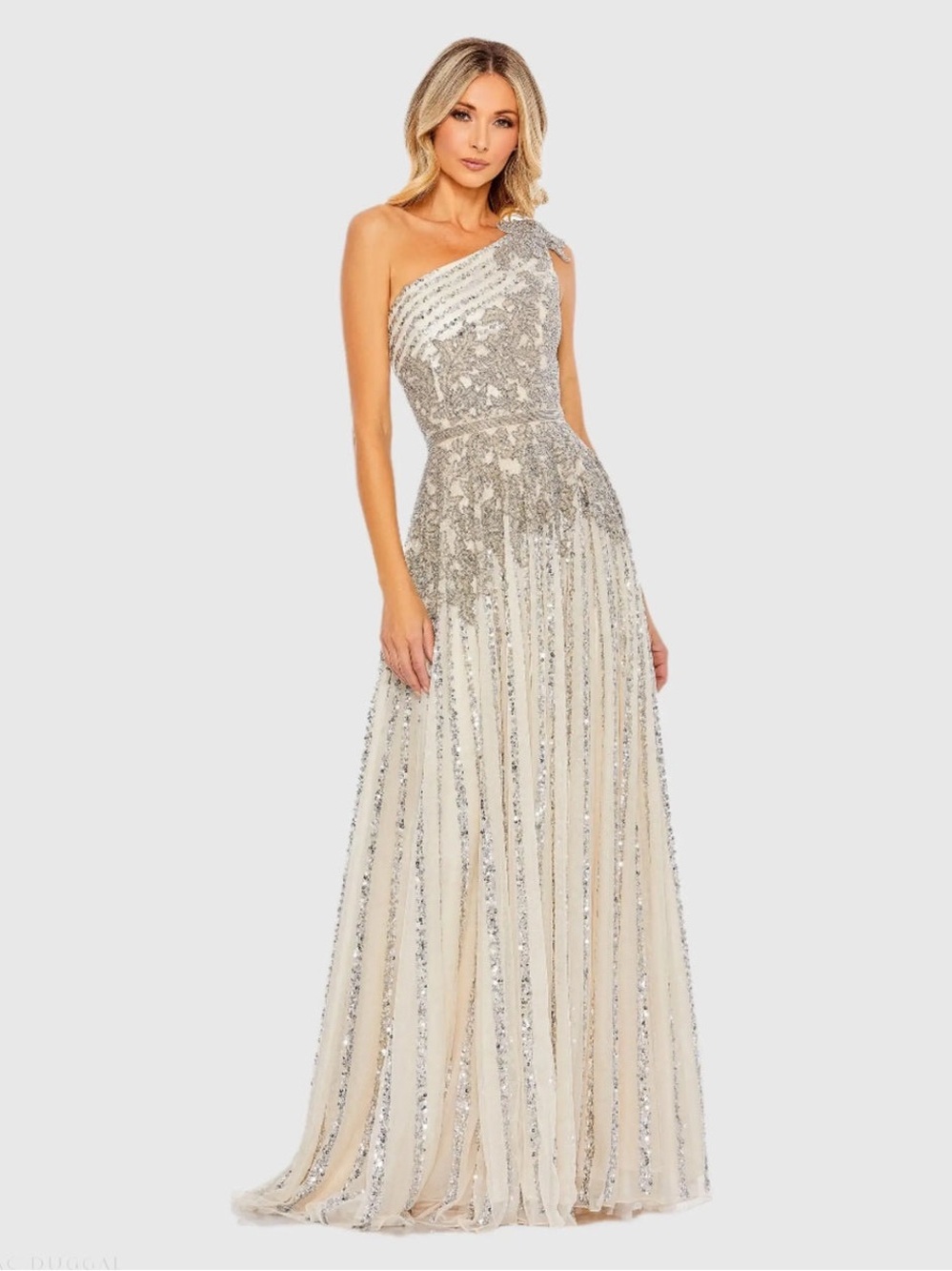 Mac Duggal One-Shoulder Silver Sequin Embellished Cream Gown